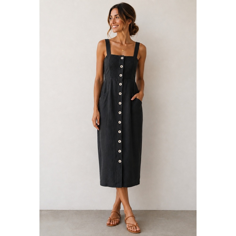 Forever 21‎ Black Linen Blend Button Front Midi Dress Square Neck Small